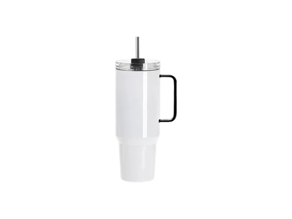 Vaso de viaje de acero inoxidable blanco de 40 oz/1200 ml con tapa y pajita (mango Negro) para sublimación - Image 3