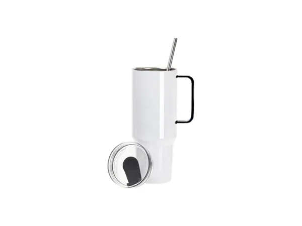 Vaso de viaje de acero inoxidable blanco de 40 oz/1200 ml con tapa y pajita (mango Negro) para sublimación - Image 4