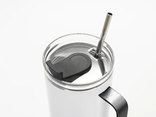 Vaso de viaje de acero inoxidable blanco de 40 oz/1200 ml con tapa y pajita (mango Negro) para sublimación - Image 2