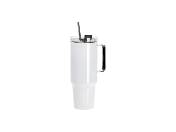 Vaso de viaje de acero inoxidable blanco de 40 oz/1200 ml con tapa y pajita (mango Negro) para sublimación