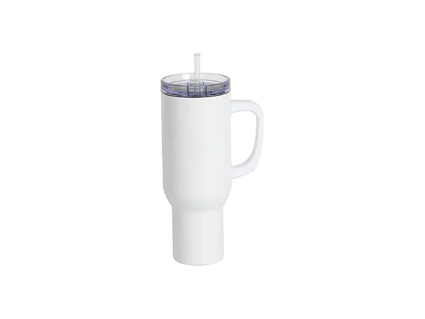 Vaso de viaje de acero inoxidable blanco de 40 oz/1200 ml con tapa y pajita (mango blanco) para sublimación