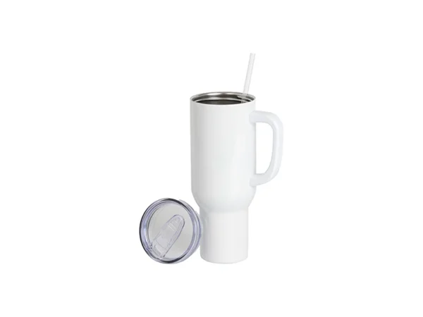 Vaso de viaje de acero inoxidable blanco de 40 oz/1200 ml con tapa y pajita (mango blanco) para sublimación - Image 2
