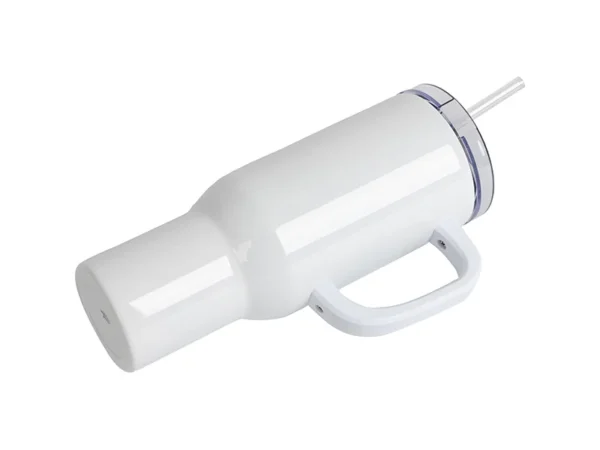 Vaso de viaje de acero inoxidable blanco de 40 oz/1200 ml con tapa y pajita (mango blanco) para sublimación - Image 3