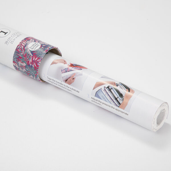 Rollo de papel para transferencia en hydro sublimación (Hojas tropicales azul y rojo 38cm x 1220cm) - Image 4